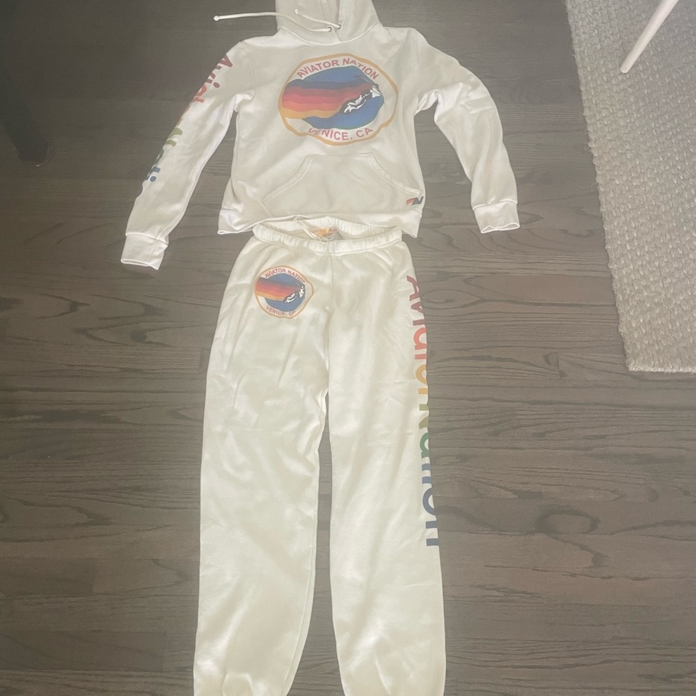 Aviator Nation White Track Pants & Hoodie with Rainbow Logo